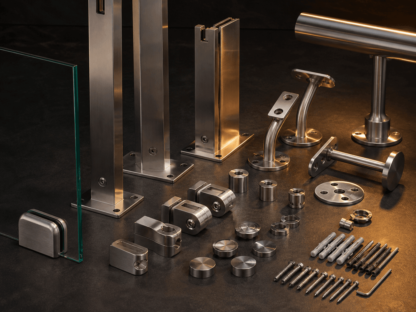 Phụ kiện inox, kẹp kính, trụ lan can và ốc vít dùng trong thi công kính